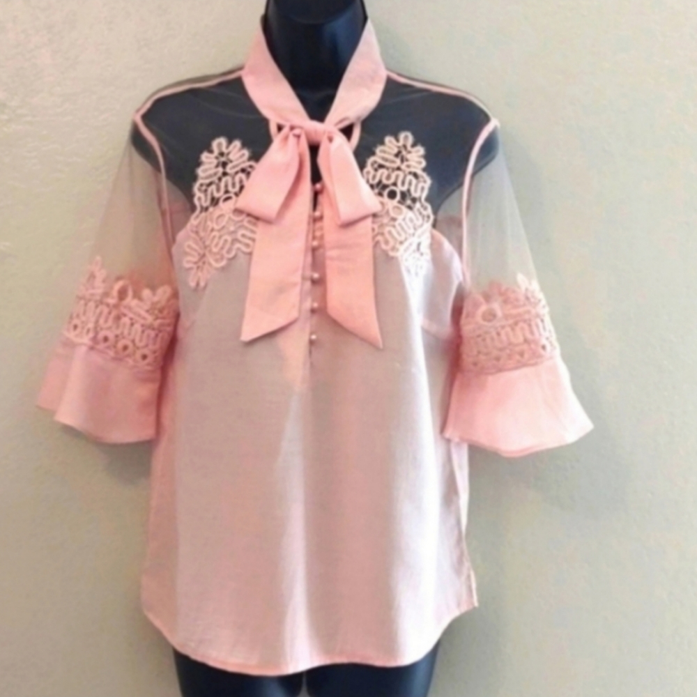 Women's vintage style pink sheer/mesh embroidered blouse size large